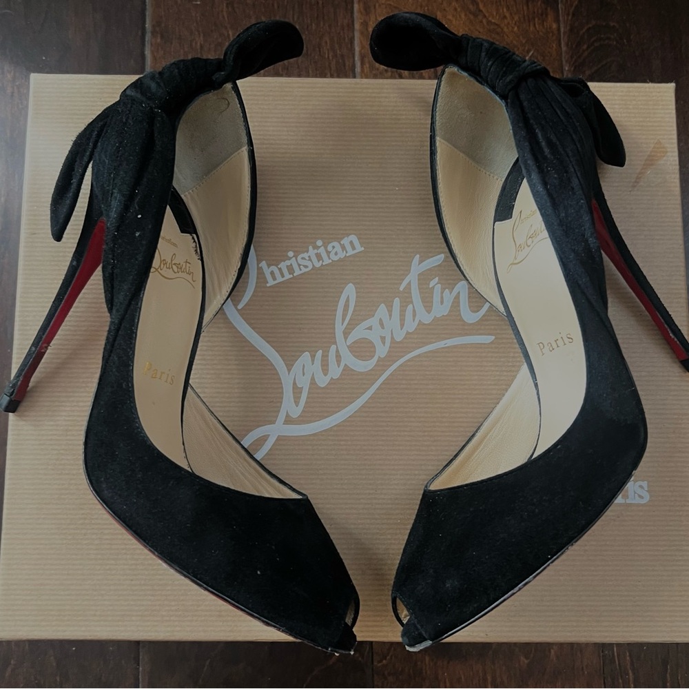 CHRISTIAN LOUBOUTIN Black Suede Barbara 100 Open Toe Pumps